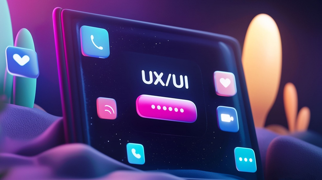 Экран монитора с надписью UX / UI и иконками активности в 3D стиле Экран монитора с надписью UX / UI и иконками активности в 3D стиле